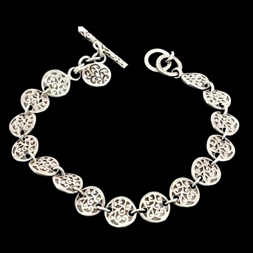LOIS HILL Sterling Hammered Disc Toggle Bracelet Reverses to Cut Out Scroll